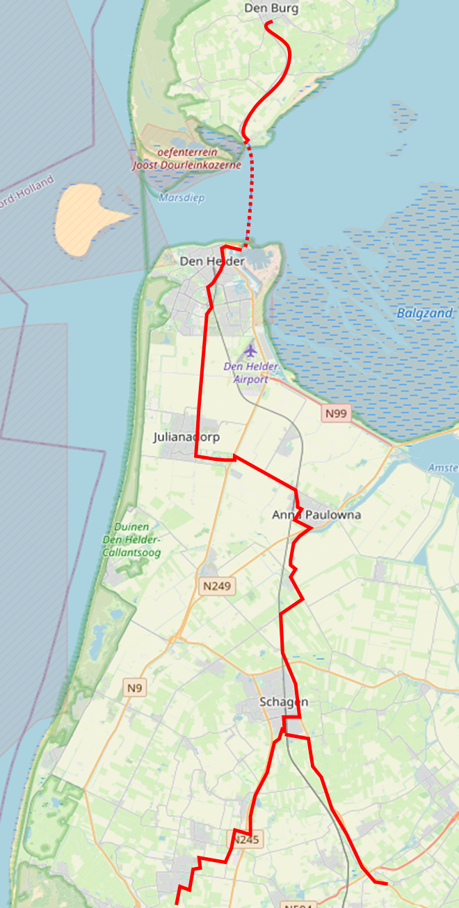 De route van Texel - Den Helder - Anna Paulowna - Schagen - Alkmaar/Heerhugowaard-